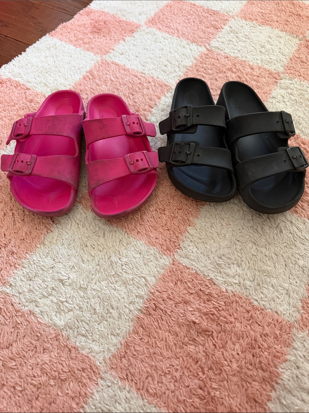 Birkenstock Kids Two-Buckle Slides in Hot Pink and Black